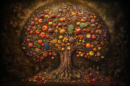 Tree of life with different kinds of fruits like apples, pears, cherries, plums, peach, persimmon fruit, dark brown, realistic painting, Generative AI
