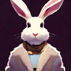 Portrait of a rabbit hare in warm clothes down jacket and scarf illustration close-up drawing