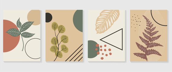 Fototapeta na wymiar Set of abstract foliage wall art vector. Leaves, geometric shapes, earth tone colors, leaf branch in line art style. Wall decoration collection design for interior, poster, cover, banner.