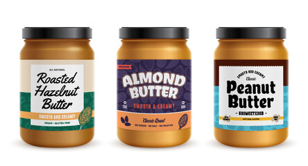Peanut, almond and hazelnut butter jars with labels, packaging design concepts, food label design