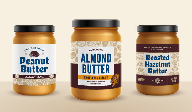 Peanut, almond and hazelnut butter jars with labels, packaging design concepts, food label design