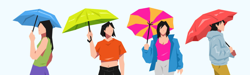 set of some beautiful young girls holding umbrellas.  weather concept, heat wave, rain, equipment.  cartoon flat vector illustration.