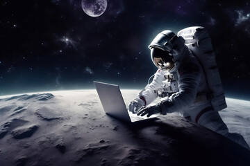An astronaut works on his laptop in space. - obrazy, fototapety, plakaty