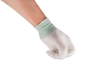 Hands are wearing white cotton gloves and making gestures. isolated on white background