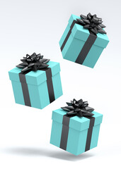 Gift boxes with ribbon and bow for Merry Christmas flying and falling on white