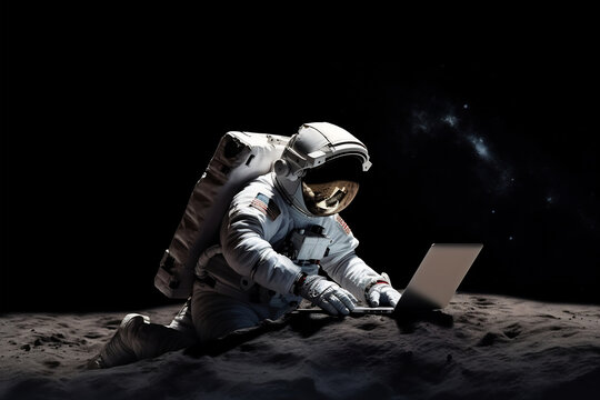 An Astronaut Works On His Laptop In Space.