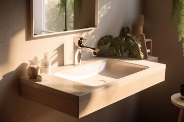 Fototapeta na wymiar house sunlight modern design counter faucet interior wall luxury bathroom sink. Generative AI.