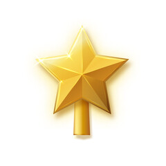 Obraz premium Christmas gold tree topper vector. 3d realistic golden star decoration in , decorative traditional shiny design for top of Xmas pine tree. Vector