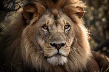 Fototapeta premium A majestic lion with a golden mane, gazing intently into the camera - Generative AI