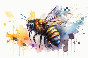 Honey bee watercolor painting hand-drawn style. distinct generative AI image. - obrazy, fototapety, plakaty