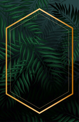 dark tropical background with leaves and a golden frame in the center. vector with tropical leaves