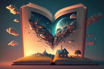 Open book with house and sky, magic nature world fairytale, storytelling concept, World book Day, dream house, Fantasy and literature AI Generative