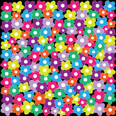 Fondo floral con margaritas de colores sobre negro.