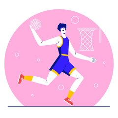 Basketball player throws ball into hoop illustration