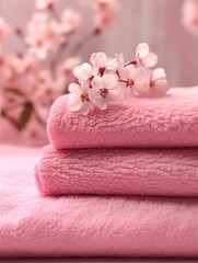 Obraz na płótnie Canvas A beautiful, soft stack of pink towels bathed in natural light