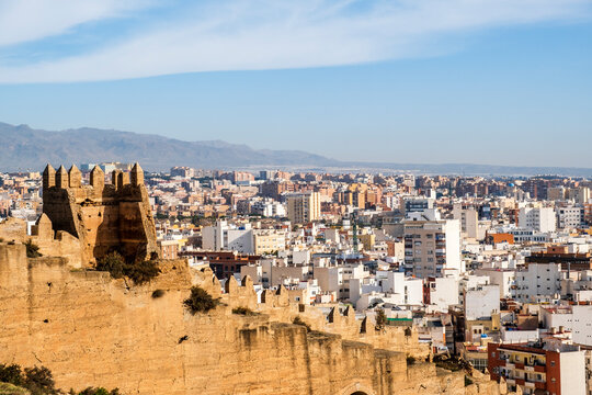 .Amazing view of historical building, Muslim Almeria (Almeria musulmana, San Cristobal statu, Rey Jayran), set for famous movies like James Bond, Conan the Barbarian, almeria, andalusia, Spain