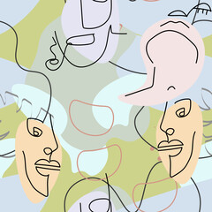 One line drawing. Abstract face seamless pattern.