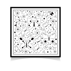 Pattern with flying contour decorative butterflies, flowers and polka dots Black on white Line pattern Seamless background Bandana design Square vector illustrations Isolated on white background