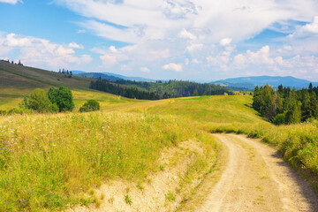 Fototapeta na wymiar lane through grassy meadow. green hills rolling in to the distance. blue sky above the distant mountain ridge on the horizon. rural tourism in summer. explore countryside of ukraine