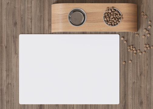 Blank white pet bowl mat on the floor at home. Cat or dog food pad with copy space for picture or text. Water mat mock up. Pet placemat mockup. Puppy feeding place. 3D Rendering.