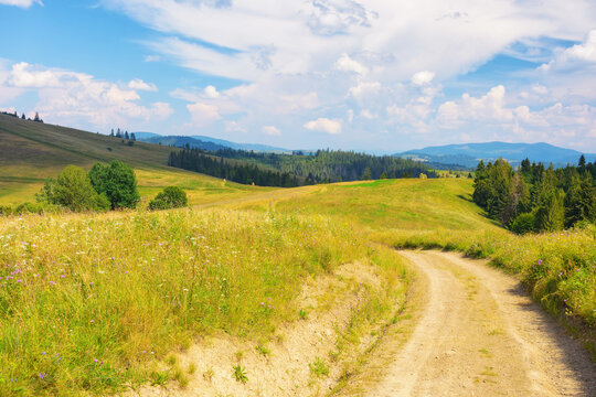 lane through grassy meadow. green hills rolling in to the distance. blue sky above the distant mountain ridge on the horizon. rural tourism in summer. explore countryside of ukraine