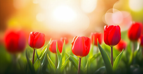 Red tulips with fresh green leaves in soft lights at blur background. Floral banner. Generative AI