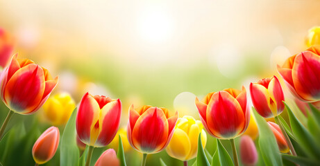 Fototapeta premium Red and yellow tulips with fresh green leaves in soft lights at blur background. Floral banner. Generative AI