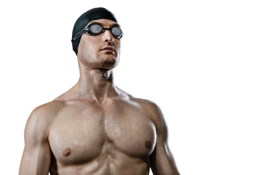 Young athletic swimmer, on the transparent background.	