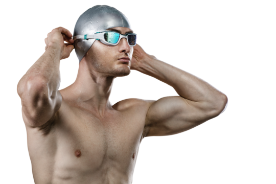 Young athletic swimmer, on the transparent background.	