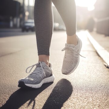 Close-up view of the legs and sneakers of a girl jogging in the city, sunny street. The concept of an active and healthy lifestyle. Generative AI