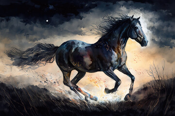 Fototapeta na wymiar horse running, aquarelle style, ai generated