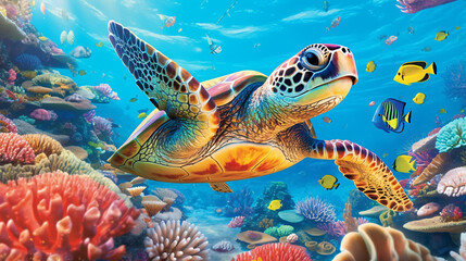 Sea turtle surrounded by a variety of bright and colorful sea creature behind. Generative ai © Sara_P