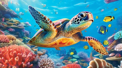 Rolgordijnen Sea turtle surrounded by a variety of bright and colorful sea creature behind. Generative ai © Sara_P