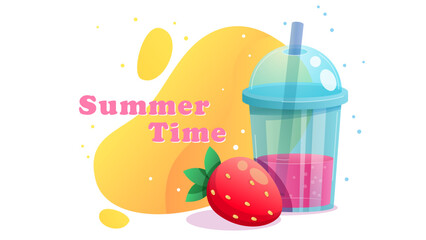 Summer illustration with strawberries and a refreshing drink. Poster design. Vector illustration