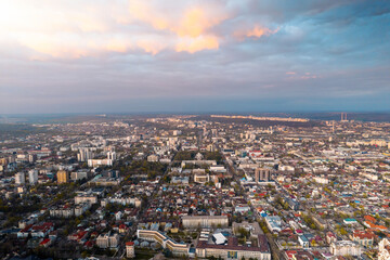 Aerial drone view of Chisinau at sunset, Moldova
