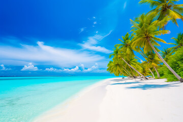 A mesmerizing aerial view of Maldives island's tropical beach, with its crystal-clear turquoise waters, white sand, and palm trees creating a paradise-like setting. Generative Ai