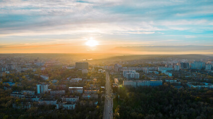 Naklejka na ściany i meble Aerial drone view of Chisinau at sunset, Moldova