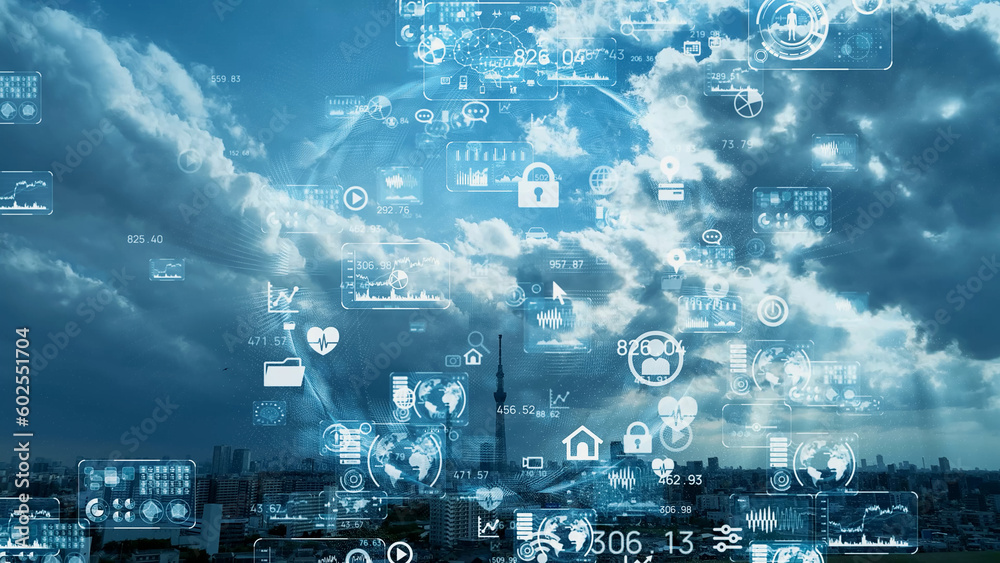 Poster modern cityscape and communication network concept. telecommunication. iot (internet of things). ict