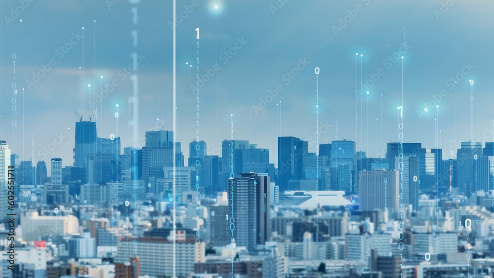 Poster modern cityscape and communication network concept. telecommunication. iot (internet of things). ict