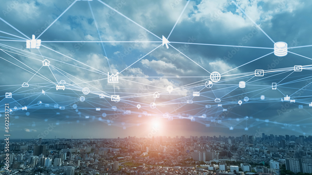 Fototapete Modern city and communication network concept. IoT (Internet of Things). Smart city. Digital transformation.