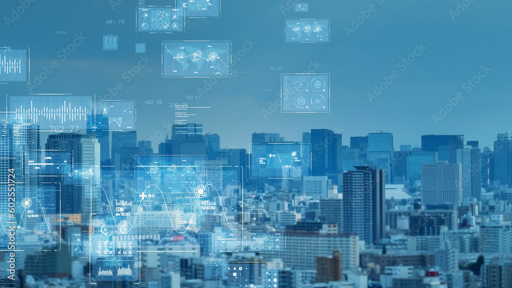 Poster modern cityscape and communication network concept. telecommunication. iot (internet of things). ict