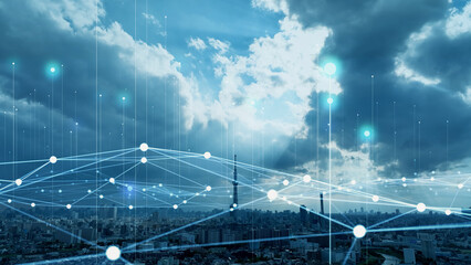 Modern city and communication network concept. IoT (Internet of Things). Smart city. Digital transformation.