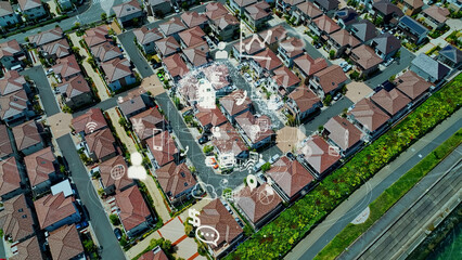Modern residential area and communication network concept. Internet of Things. Smart house.