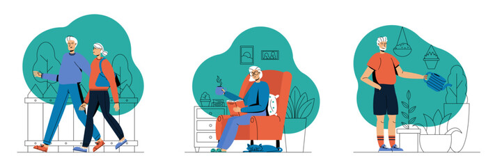 Grandparents walking outside, reading book at home, watering flowers vector set