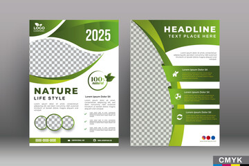 Green eco flyer, poster, brochure, magazine, annual report, booklet, cover banner template. Modern green leaf, environment design. Size A4 CMYK Vector illustration