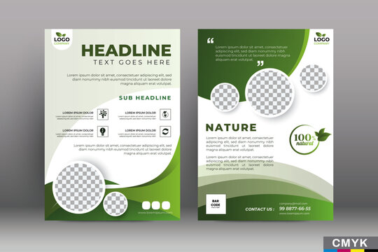Green eco flyer, poster, brochure, magazine, annual report, booklet, cover banner template. Modern green leaf, environment design. Size A4 CMYK Vector illustration