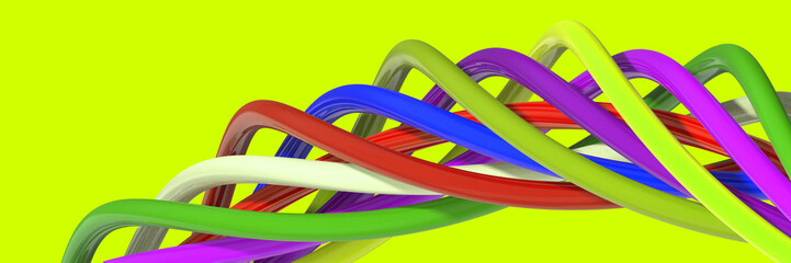 Abstract image. Elements of different colors form a spiral. Multicolored spiral. Horizontal image. 3D image. 3D rendering. Banner for insertion into site.