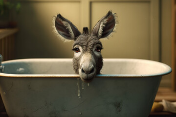 donkey sitting in bathtub, ai generated