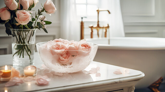 Modern elegant sustainable white bathroom interior with bathtub, bath accessories and tender roses with canles on marble table. Romantic bathroom still life. Relaxing at home concept. Generative AI