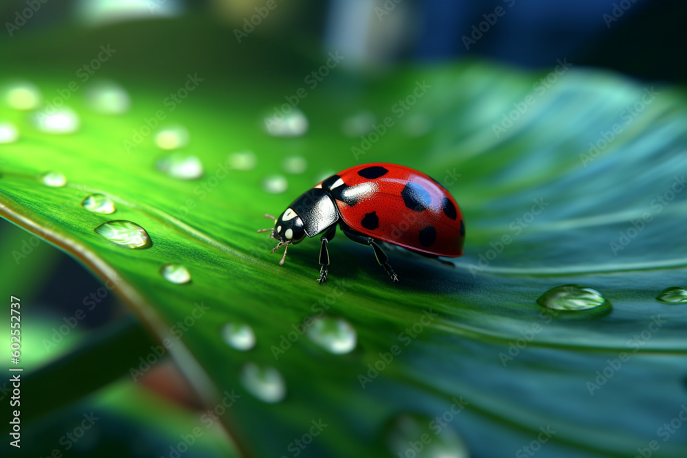 Poster close-up of a ladybug on a green leaf . generative ai technology